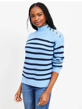 LOFT Light Navy Striped Mock Neck Sweater Shoulder Buttons Nautical XL NWT